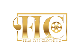 Gold letters FLC with a image of a gold film reel inside of a gold rectangle, with the words Film Lyfe Clothing underneath.. 